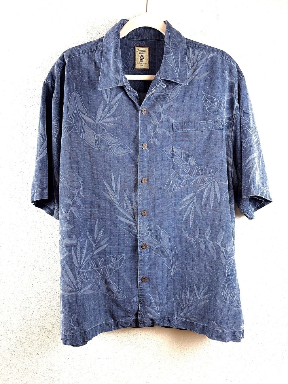 VTG Jamaica Jaxx 100% Silk Blue Tropical Hawaiian Shirt, Size L